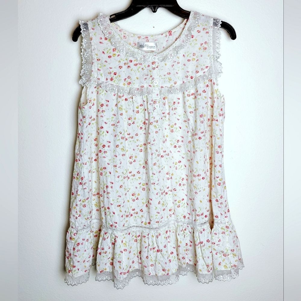 VTG 90s 100% Cotton Ditsy Floral Lace Trim Chemise Sleepwear, Sz M